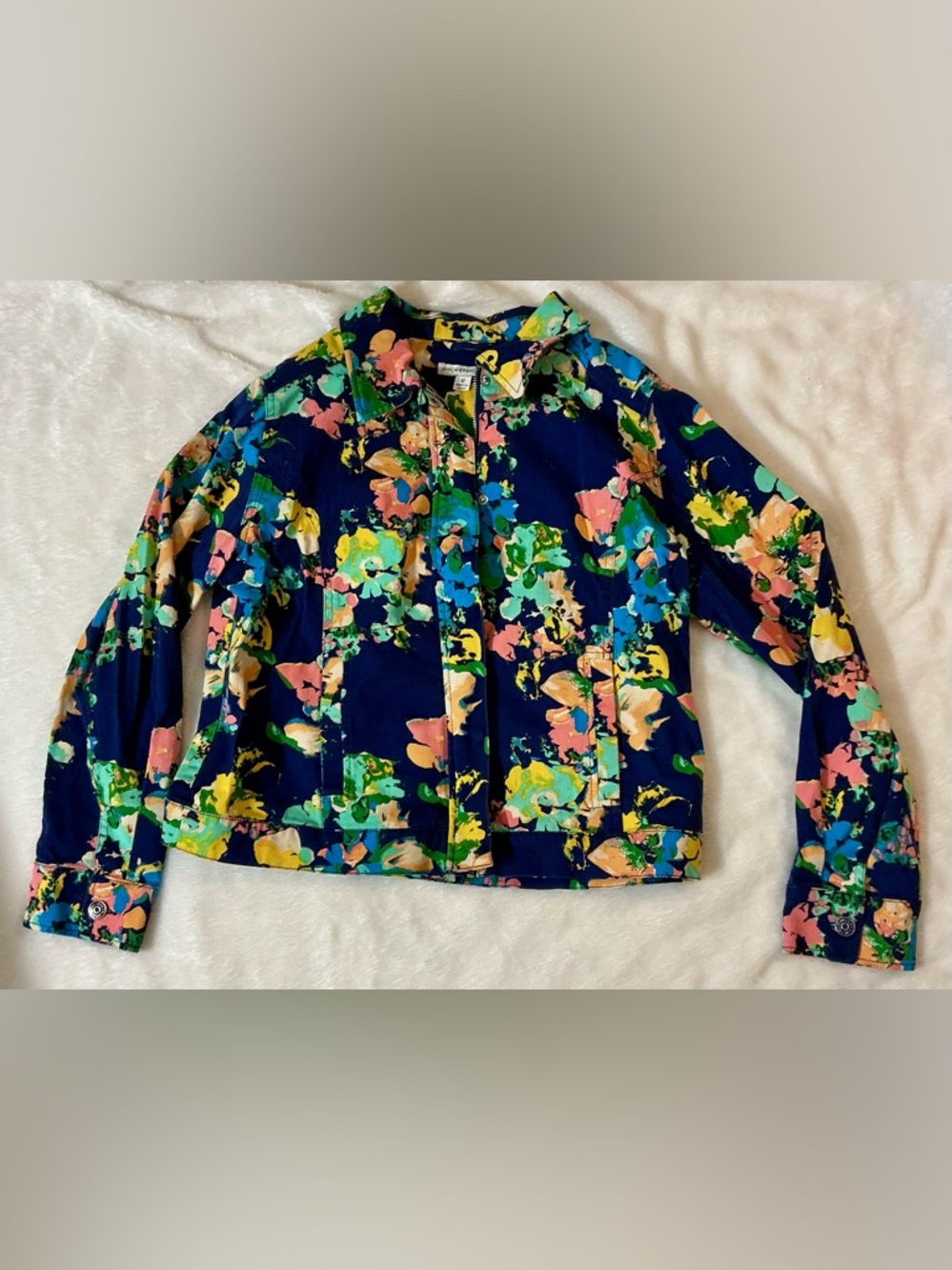 Isaac Mizrahi Navy Floral Jean Jacket with Multi-Color Print